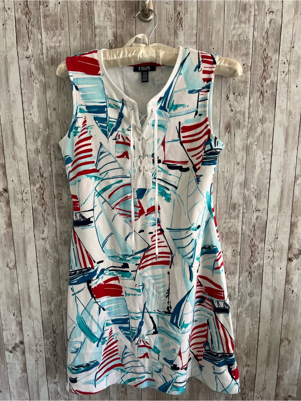 Chaps Sleeveless Lace-Up Sailboat Print Dress - White, Red, Teal, Navy Medium